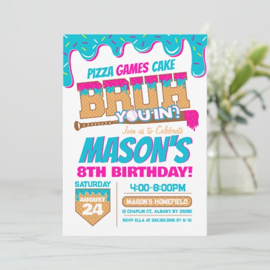 Baseball Birthday Invitation Drip Bruh Theme (Debout devant)