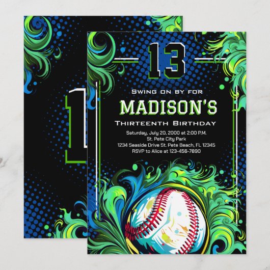 Baseball Birthday Party Kaart (Voorkant / Achterkant)