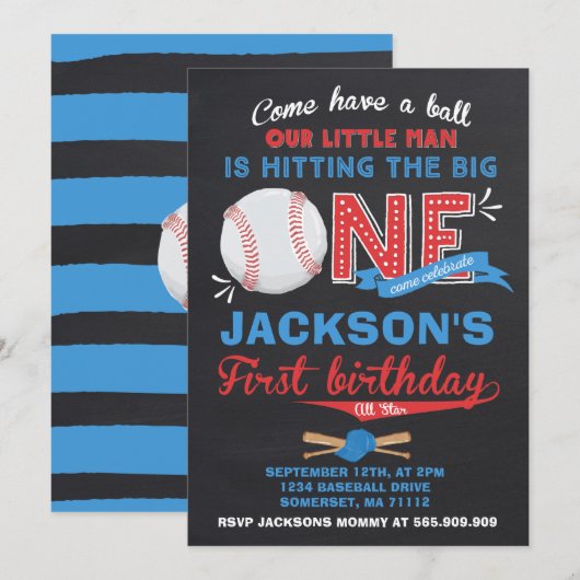Baseball Birthday Uitnodiging Baseball 1e verjaard (Voorkant / Achterkant)