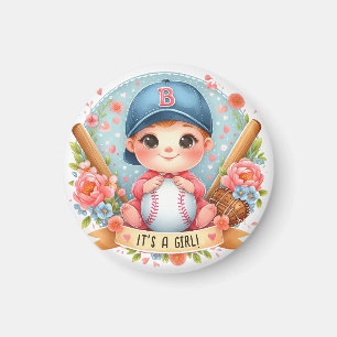 Baseball Bliss Baby Meisje Aankondiging Floral Bab Magneet