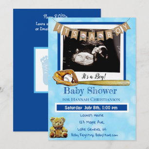 Baseball Blue Baby Boy Ultrasound Baby shower Kaart
