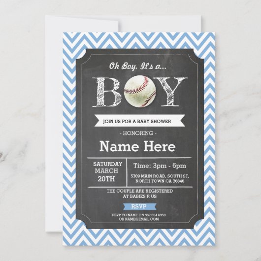 Baseball Blue Boy Baby shower Chevron Uitnodigen Kaart (Voorkant)