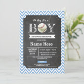 Baseball Blue Boy Baby shower Chevron Uitnodigen Kaart (Staand voorkant)