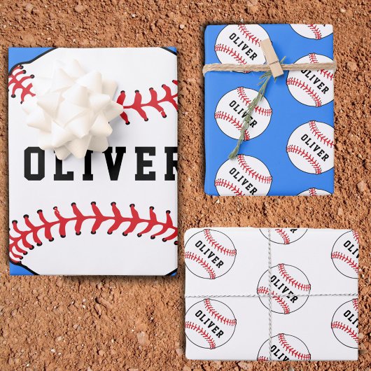 Baseball Blue Pattern Kinder naam Birthday Inpakpapier Vel