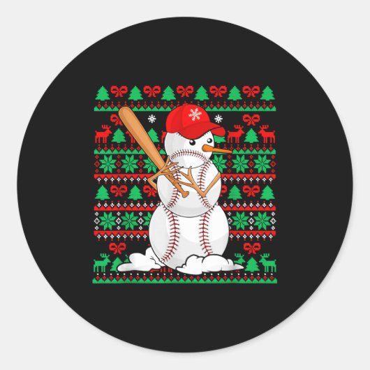 Baseball Boys Men Christmas Snowman Players Ugly X Ronde Sticker (Voorkant)