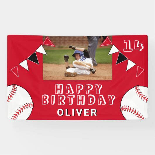 Baseball Bunting Flags Red Photo Birthday Spandoek (Horizontaal)