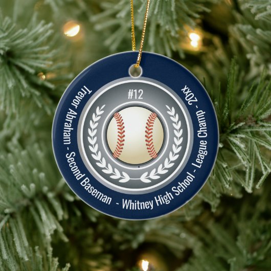 Baseball Champion Player School Silver Grey Blue Keramisch Ornament (Boom)