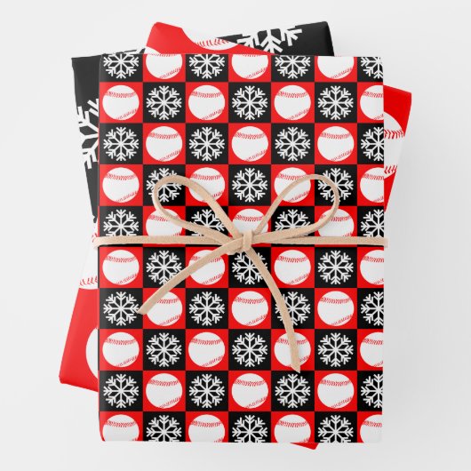 Baseball en Snowflake Red en Black Kerstmis Inpakpapier Vel (In situ)