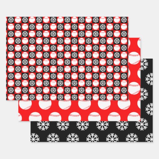 Baseball en Snowflake Red en Black Kerstmis Inpakpapier Vel (Set)