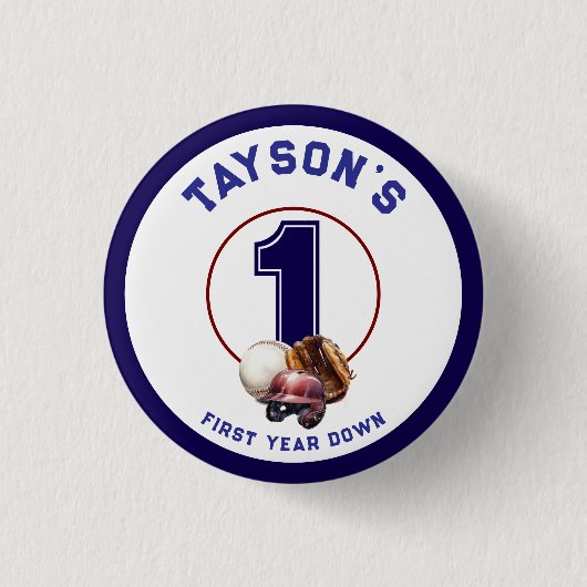 Baseball First Year Down 1st Birthday Ronde Button 3,2 Cm (Voorkant)