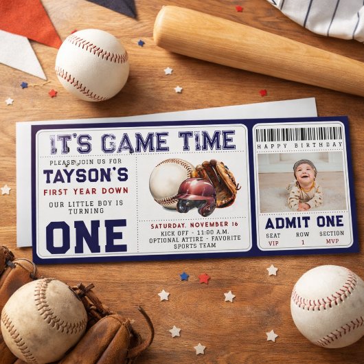 Baseball First Year Down 1st Birthday Ticket Kaart