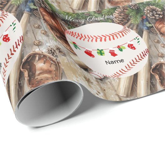 Baseball for Christmas with name for kids Cadeaupapier (Rol Hoek)