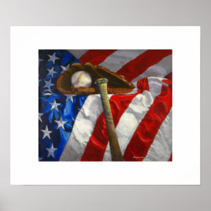 Baseball, handschoen, bat & American flag poster