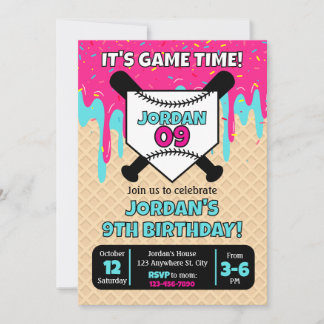 Baseball Ice Cream Drip Birthday Invitation