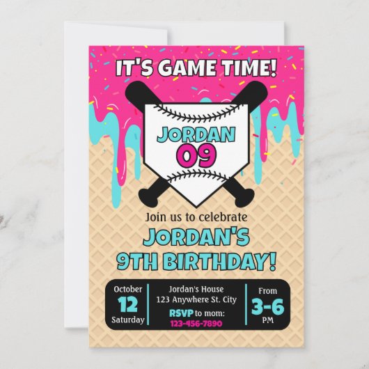 Baseball Ice Cream Drip Birthday Invitation Kaart (Voorkant)