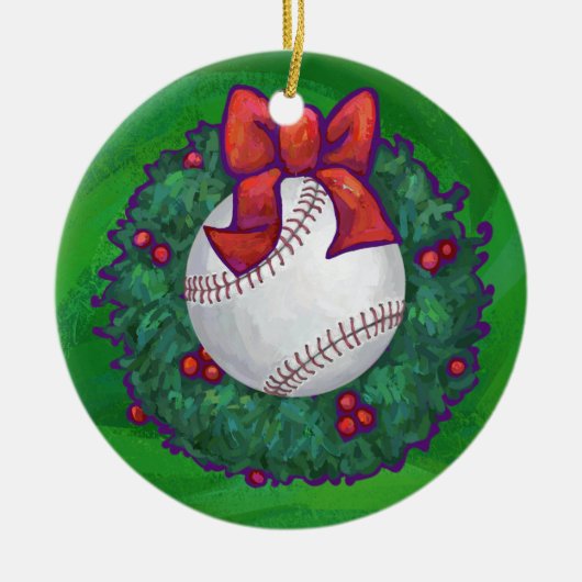 Baseball in kerstmis keramisch ornament (Voorkant)