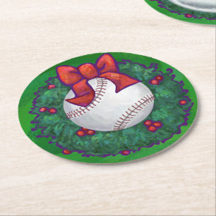 Baseball in kerstmis ronde kartonnen onderzetter