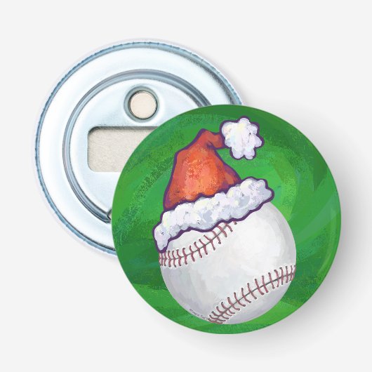 Baseball in Santa Hat op groen Button Flesopener (Voorkant)