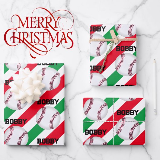 Baseball Jongen Naam Kerstplezier 3 Inpakpapier Vel
