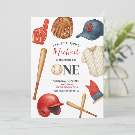 Baseball Kinder uitnodiging voor eerste verjaardag (Staand voorkant)