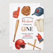 Baseball Kinder uitnodiging voor eerste verjaardag (Voorkant / Achterkant)