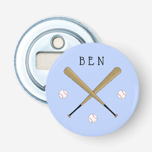 Baseball kruiste vleermuizen gepersonaliseerd blau button flesopener