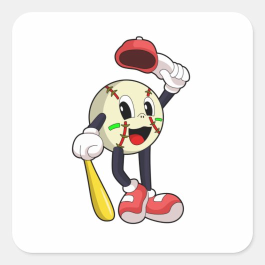 Baseball met honkbalknuppel vierkante sticker (Voorkant)