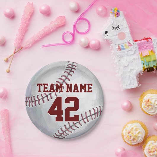 Baseball met naam en nummer papieren bordje (Feest)