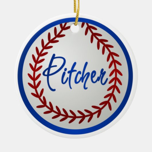 Baseball met rode titels en pitcher keramisch ornament (Voorkant)