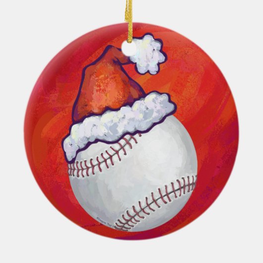 Baseball met Santa Hat op rood Keramisch Ornament (Achterkant)