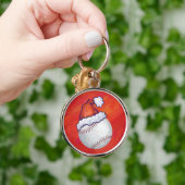Baseball met Santa Hat op rood Sleutelhanger (Hand)