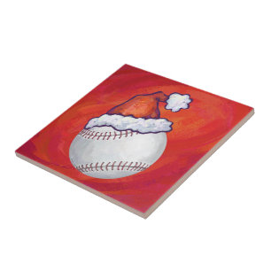 Baseball met Santa Hat op rood Tegeltje