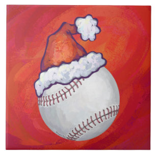 Baseball met Santa Hat op rood Tegeltje