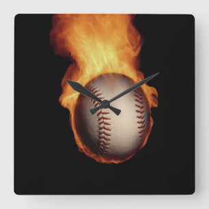 Baseball on Fire Wall Clock Vierkante Klok