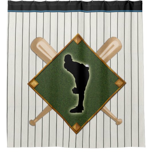 Baseball Pinstripe Logo met Pitcher Douchegordijn (Voorkant)