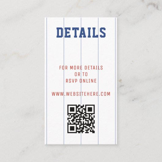 Baseball Pinstripe QR Code Bruiloft Details Informatiekaartje (Voorkant)