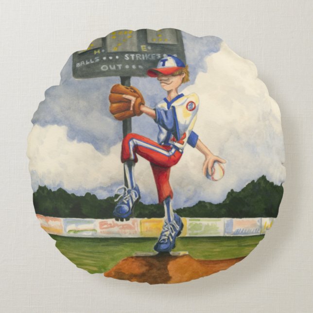 Baseball Pitcher op Mound van Jay Throckmorton Rond Kussen (Voorkant)