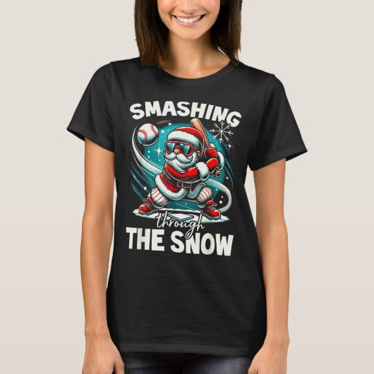 Baseball Player Christmas Santa, Smashing Through T-shirt (Voorkant)