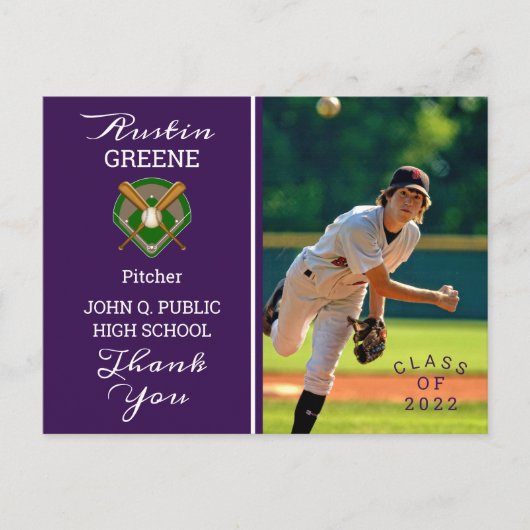 Baseball Player Photo Paars Afstuderen Hartelijk d Briefkaart (Voorkant)
