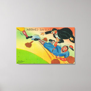 Baseball Player Sliding to Base, aangevend Canvas Afdruk