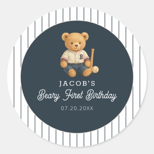 Baseball Preppy Bear 1st Birthday Ronde Sticker (Voorkant)