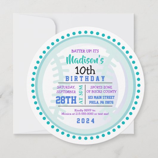 BASEBALL ROND Aqua Anniversaire Fête Invitation (Devant)