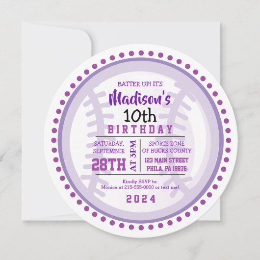 BASEBALL ROUND Paars Birthday Party Invitation Kaart (Voorkant)