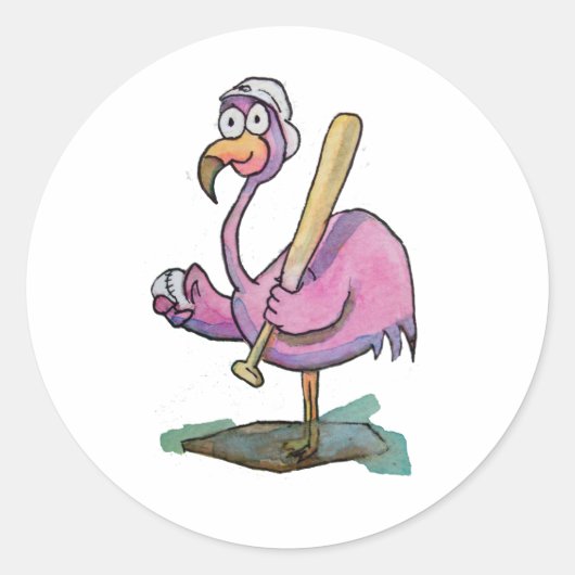 Baseball roze flamingo Whimsical Waterverf Ronde Sticker (Voorkant)