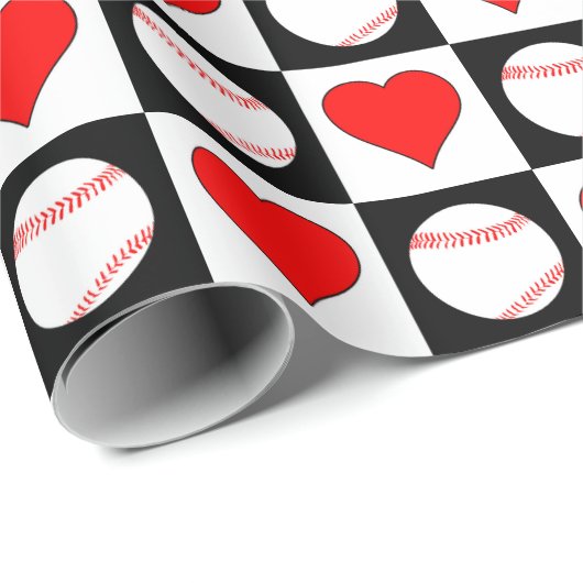 Baseball speler Rode Hart Checker Patroon Cadeaupapier (Rol Hoek)