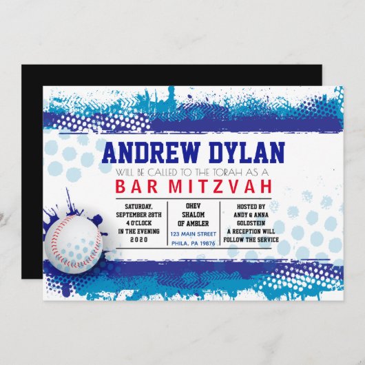 BASEBALL SPLASH Bar Mitzvah Uitnodiging (Voorkant / Achterkant)
