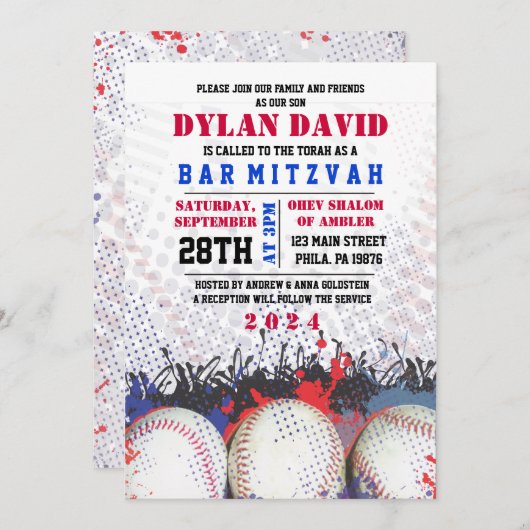 BASEBALL Splatter Bar Bat mitzvah Invitation (Devant / Derrière)