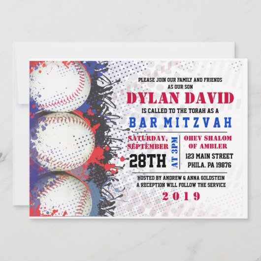 BASEBALL Splatter Bar Bat mitzvah Invitation (Devant)