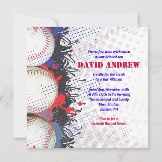 BASEBALL Splatter Bar Bat mitzvah Invitation (Devant)