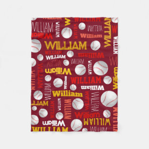 Baseball sport rood wit goud William custom Fleece Deken